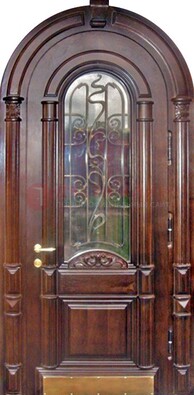 Арочная металлическая дверь массив со стеклом и ковкой ДА-50 в Перми
