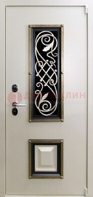 Белая стальная дверь с ковкой со стеклопакетом и МДФ ДК-30 в Перми