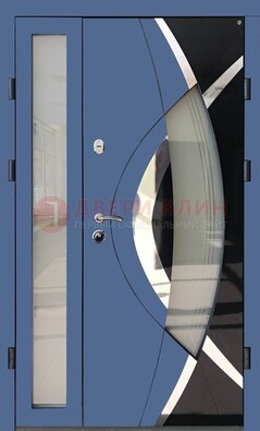 Синяя металлическая дверь со стеклом и узором ДС-13 в Перми