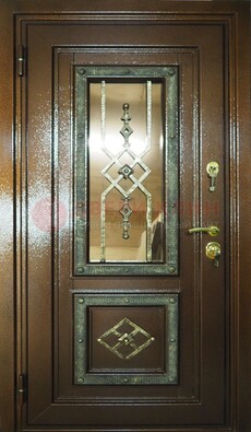Теплая входная дверь со стеклом и ковкой разноцветной ДСК-13 в Перми