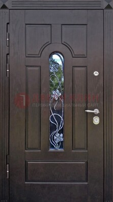 Металлическая дверь со стеклом и ковкой в цвете венге ДСК-142 в Перми