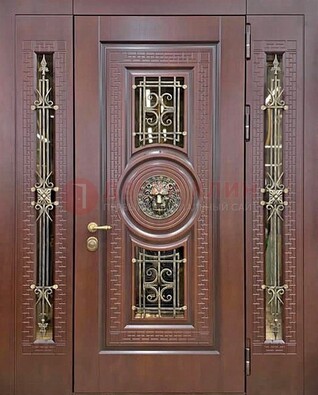 Коричневая стальная дверь со стеклом и ковкой ДСК-147 с фрамугами в Перми