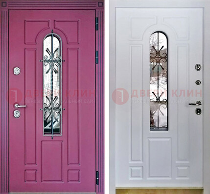 Розовая металлическая дверь со стеклом и ковкой ДСК-151 в Перми