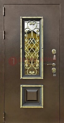 Входная дверь порошок со стеклом и ковкой для коттеджа ДСК-166 в Перми