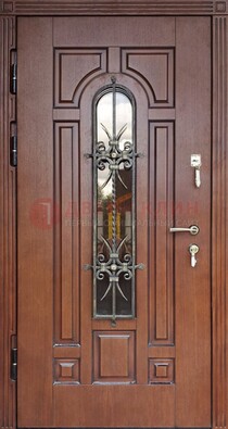 Входная дверь со стеклом и ковкой для частного дома ДСК-188 в Перми