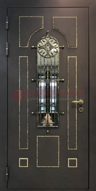 Темная входная дверь Винорит со стеклом и ковкой ДСК-211 в Перми