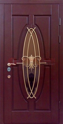 Бордовая стальная дверь Винорит со стеклом и ковкой ДСК-263 в Перми