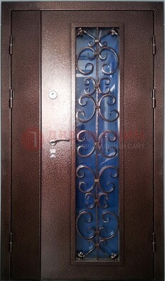 Двойная металлическая дверь со стеклом и ковкой ДСК-4 в Перми