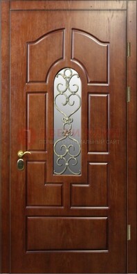 Коричневая входная дверь со стеклом и золотистой ковкой ДСК-83 в Перми