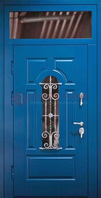 Синяя железная филенчатая дверь со стеклом и ковкой ДСК-97 в Перми