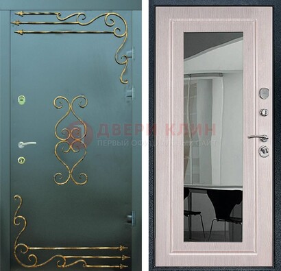 Железная дверь c порошковым напылением и МДФ Белый дуб с зеркалом ДЗ-110 в Перми