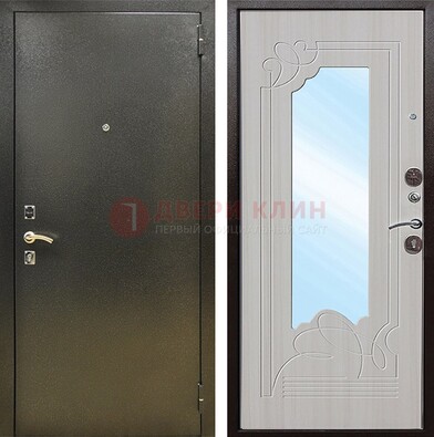 Входная темно-серая дверь c порошковым покрытием и МДФ с резьбой и зеркалом ДЗ-113 в Перми