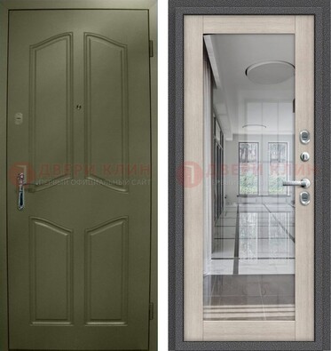 Зеленая стальная дверь с МДФ панелями и зеркалом ДЗ-137 в Перми