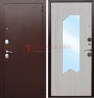 Коричневая металлическая дверь с зеркалом МДФ внутри ДЗ-33 в Перми