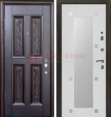 Коричневая стальная дверь с зеркалом МДФ внутри ДЗ-44 в Перми