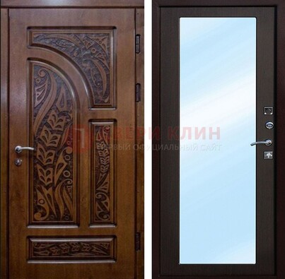 Коричневая входная дверь c узором и виноритом МДФ с зеркалом ДЗ-98 в Перми