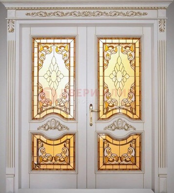 Элитная металлическая дверь с витражом и отделкой массив ВЖ-4 в Перми